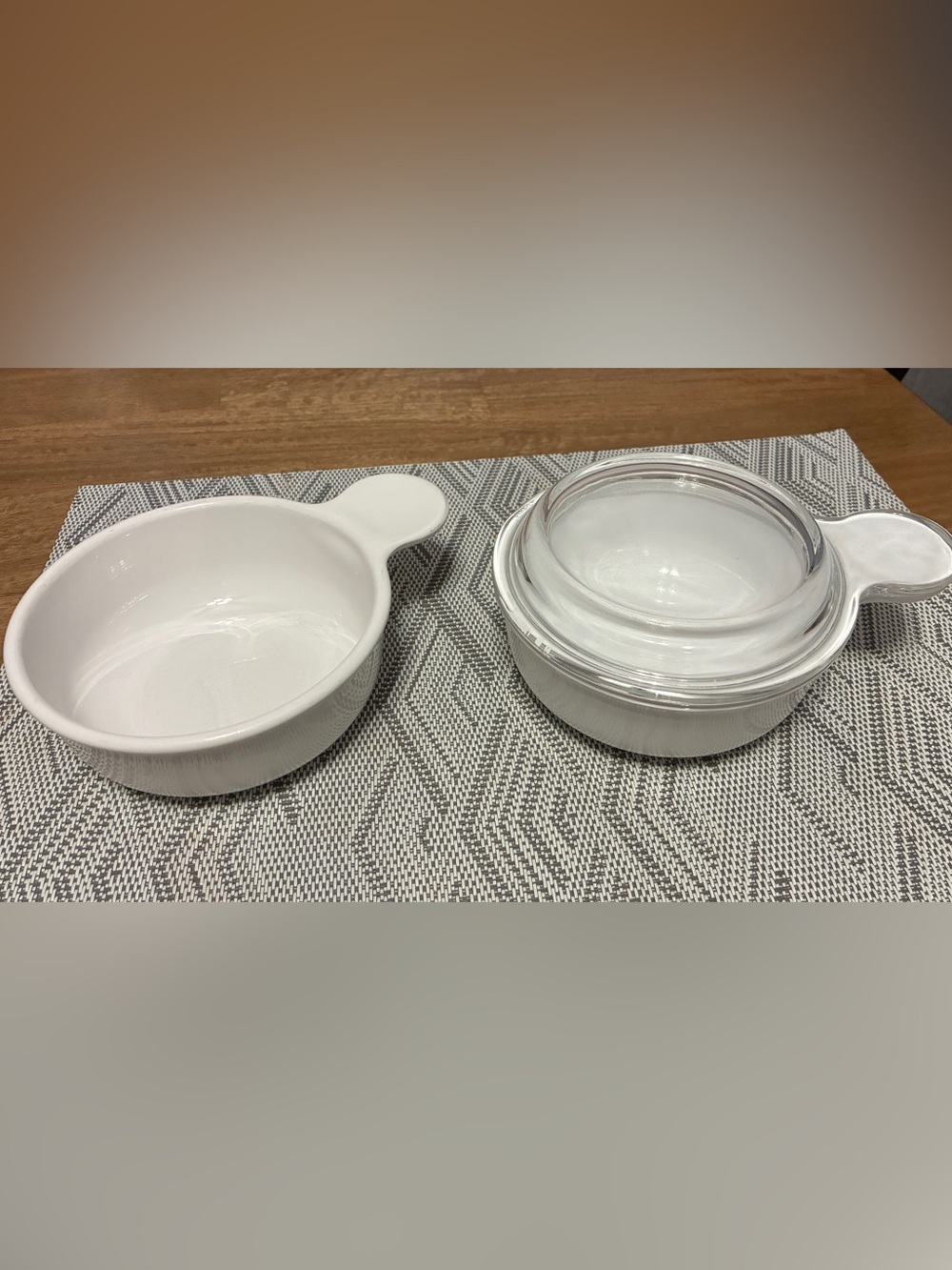 White Ceramic Handle Bowls one withGlass Lid- Set of 2